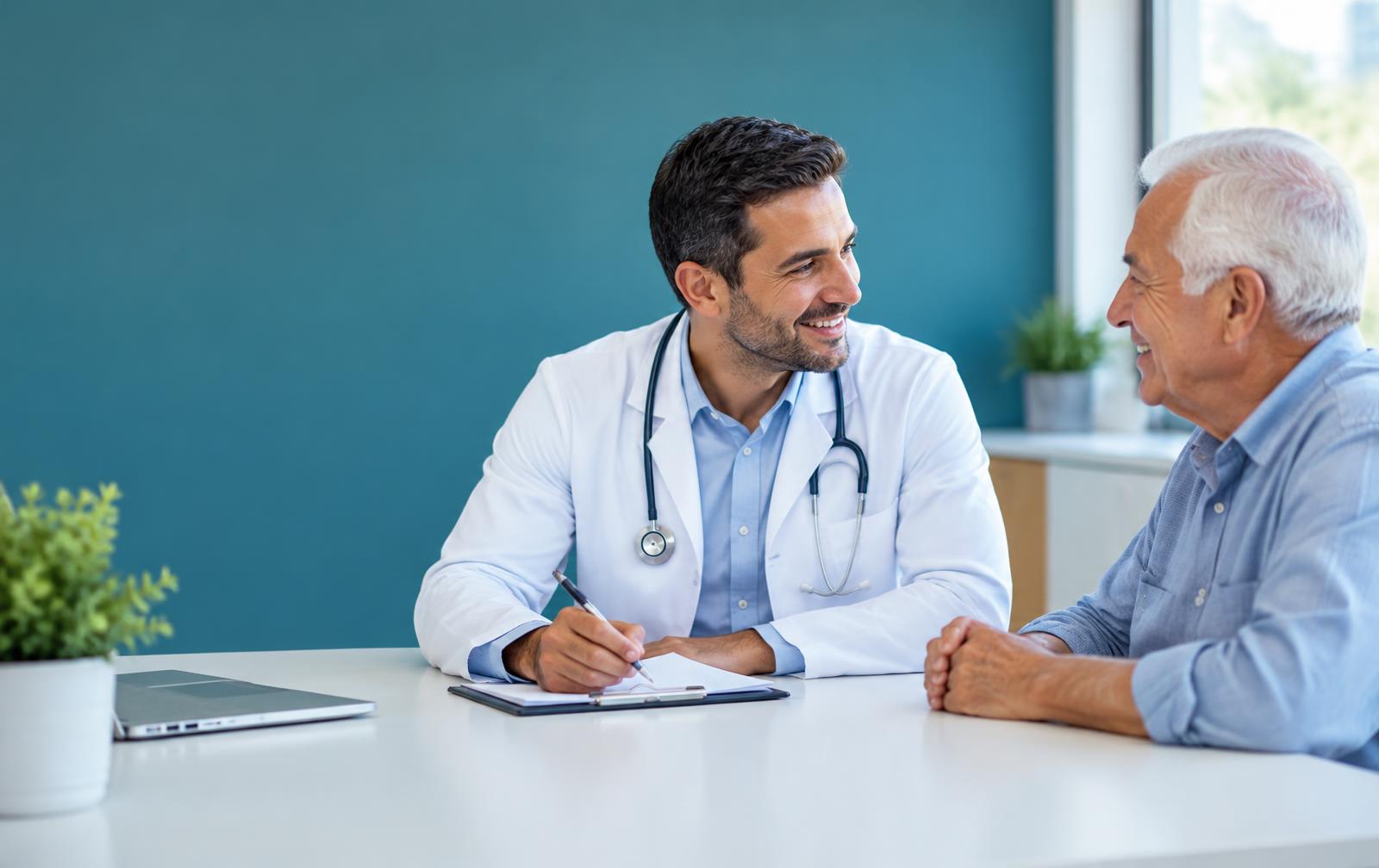 Médico conversa de forma atenciosa com um paciente idoso sorridente em um consultório moderno